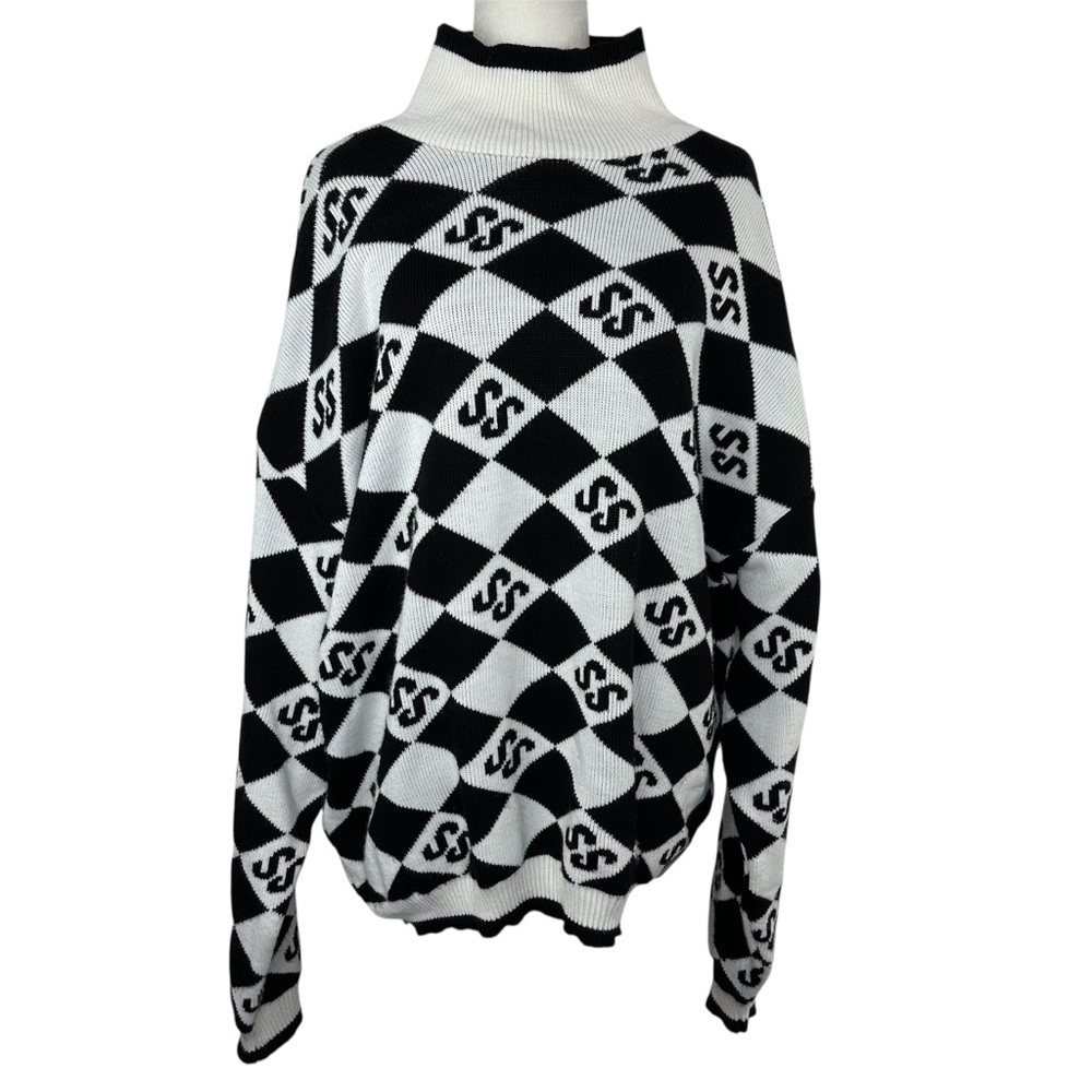 Sisters+Seekers Black & White Slouchy Funnel Neck SS Logo Knit Sweater Pullover - Picture 3 of 9